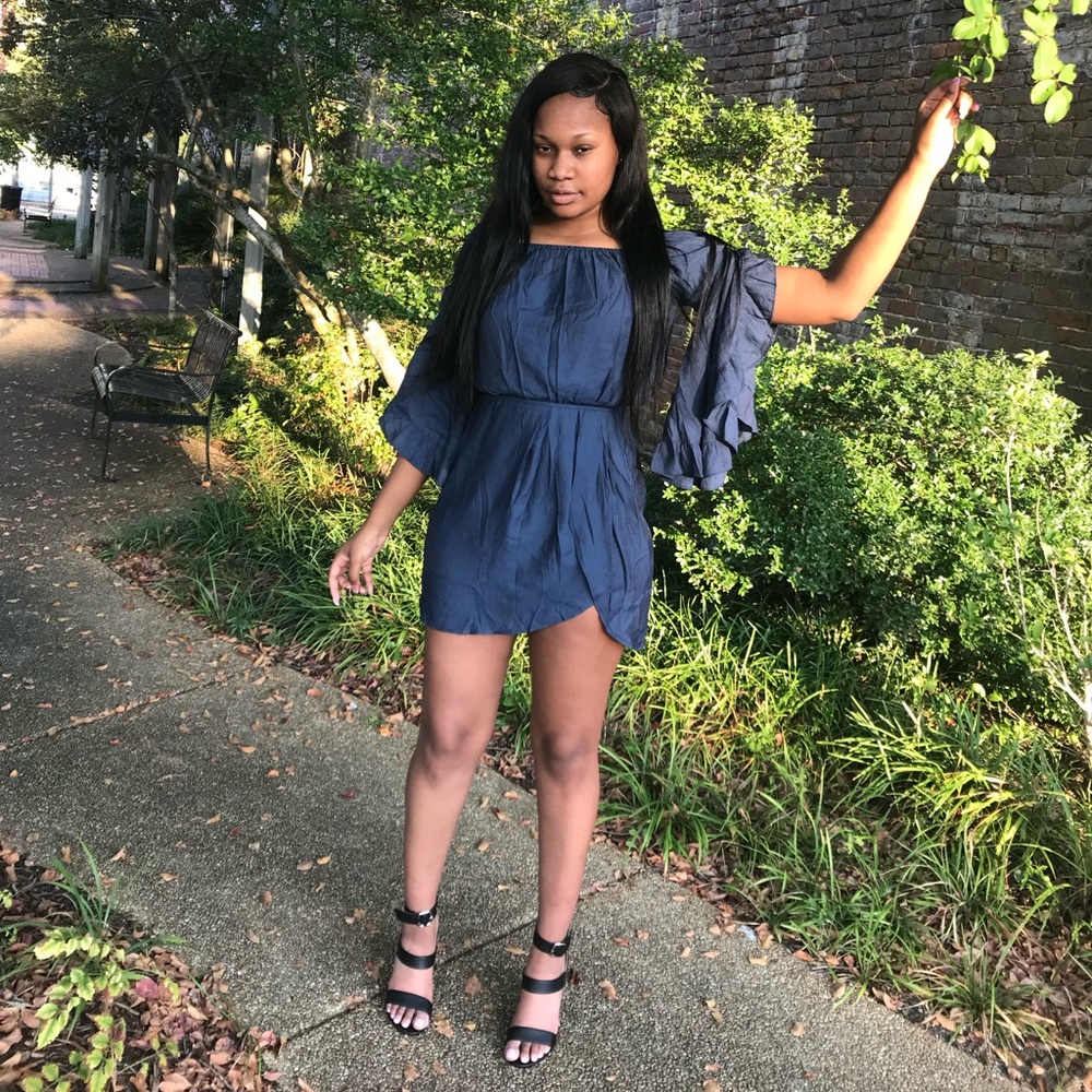 Off Shoulder Navy Blue Dress with Ruffle Sleeves